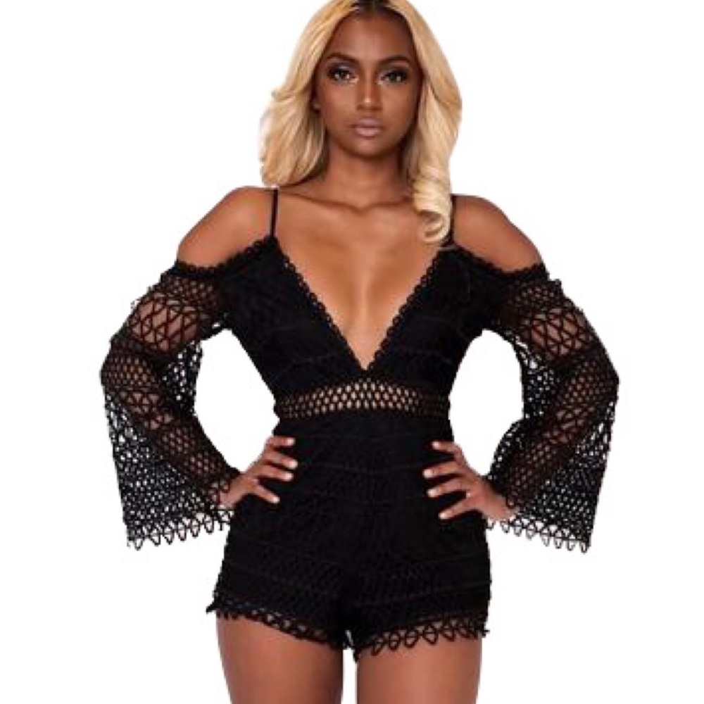 Off Shoulder Crochet Sleeve Romper - Picture 6 of 8